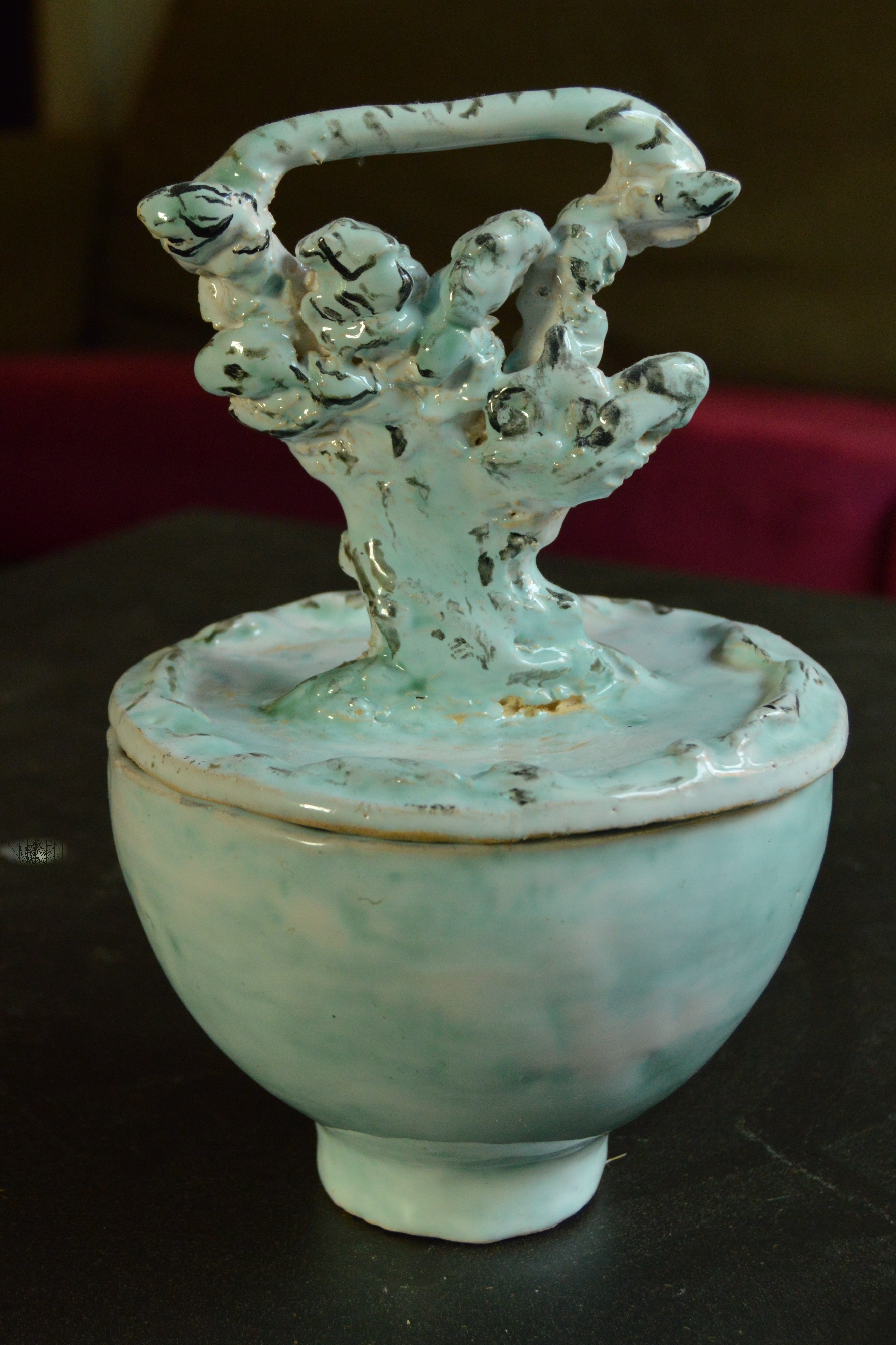 Bowl with tree-lid. Slipcast, underglaze, glaze.